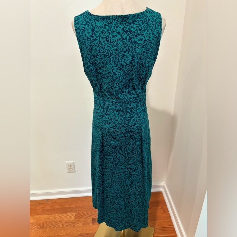70s KNIT NAVY & GREEN PAISLEY HANDMADE COTTAGECORE SLEEVELESS V-NECK MIDI DRESS - Picture 4 of 8
